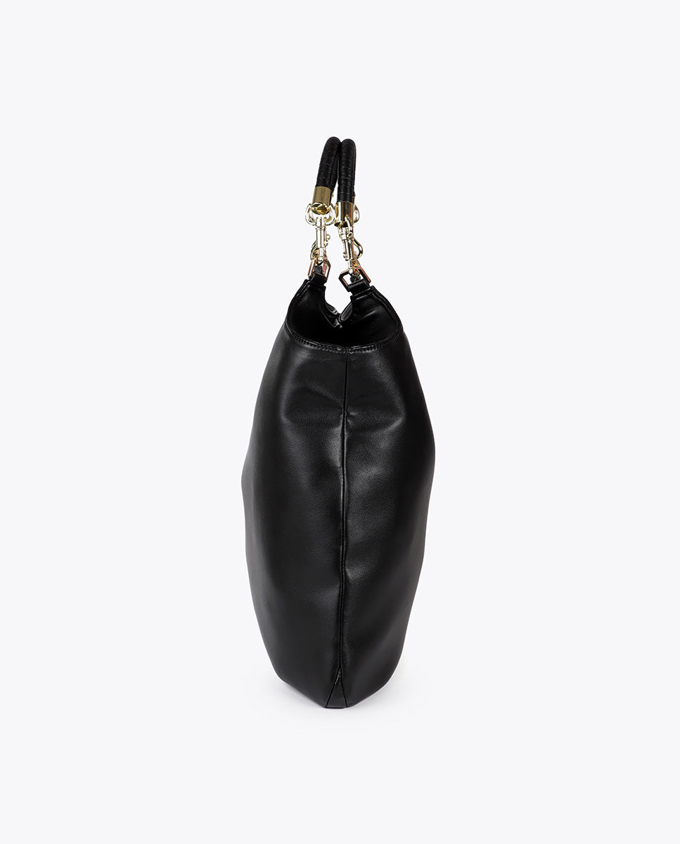 Faux Leather Shopper Bag with Braided Handle and Metal Details