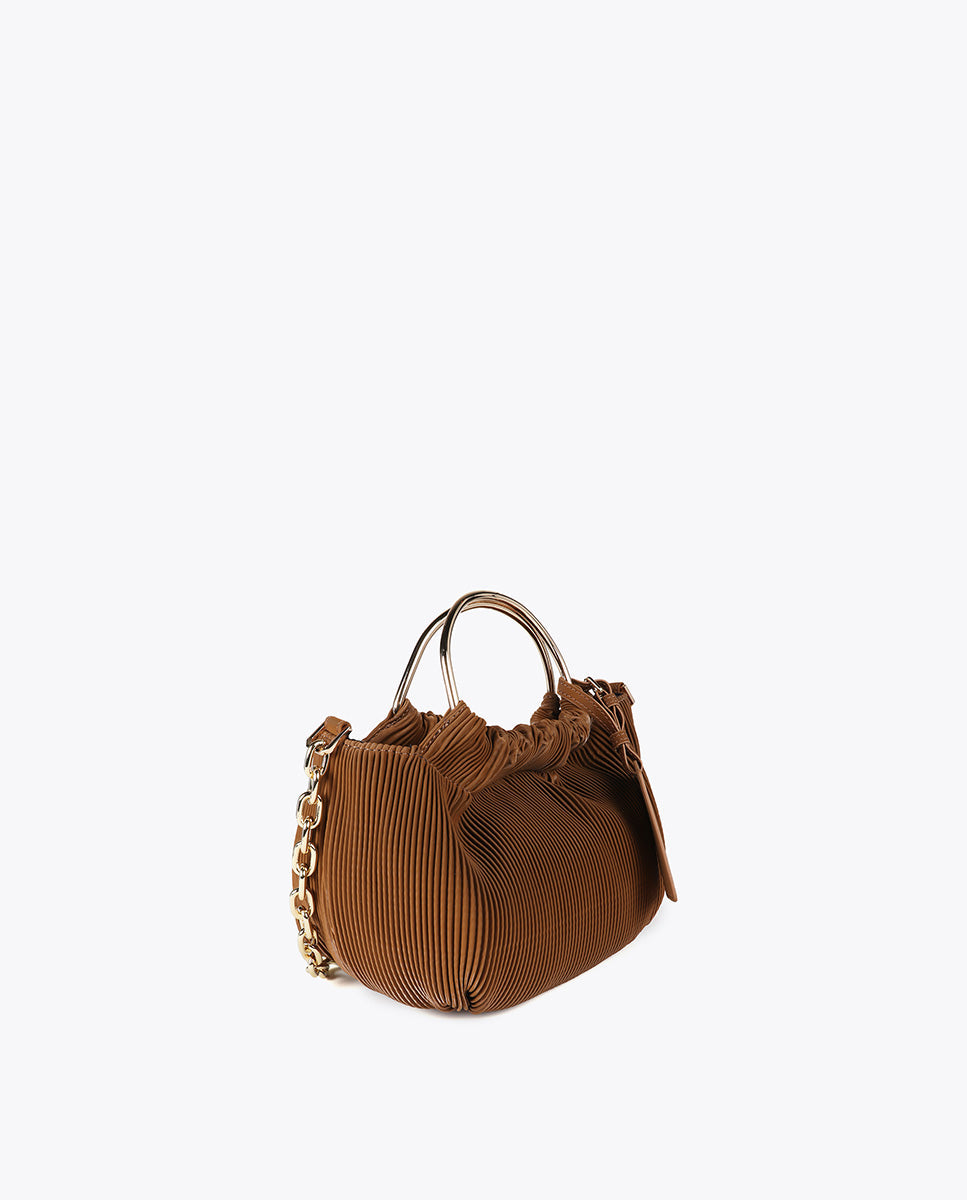 Small pleated bag with a waxed leather effect and 'bags lovers' tag