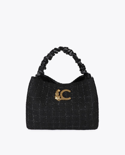 Tweed Bag with Ruched Handle and LC Leopard Logo