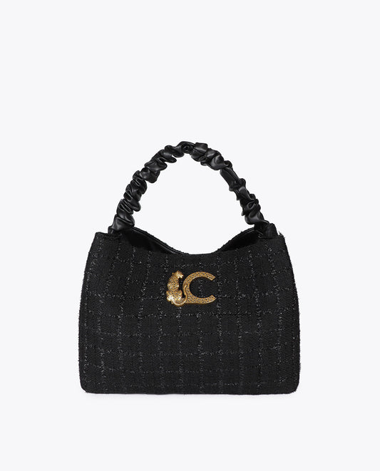 Tweed Bag with Ruched Handle and LC Leopard Logo