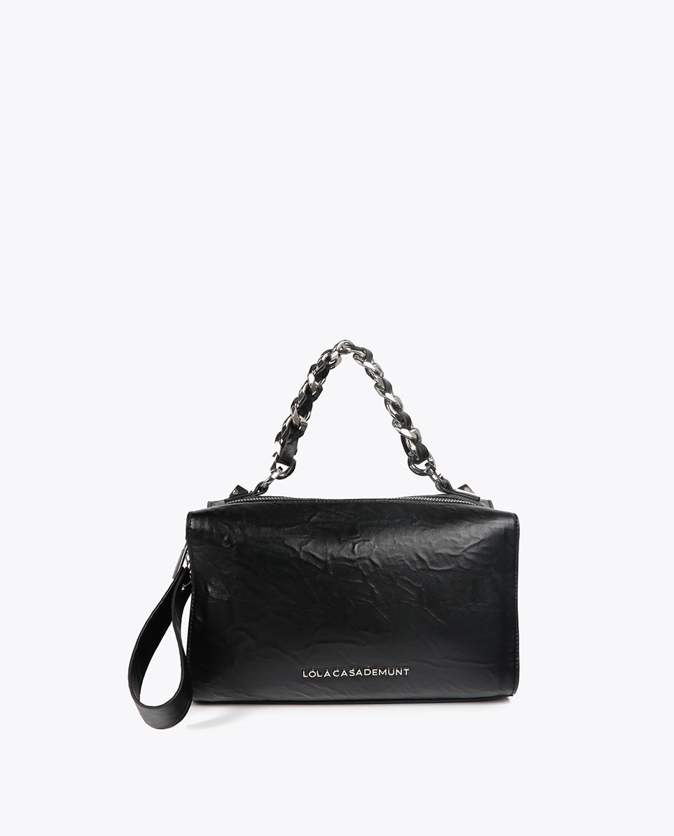 Crinkled Leather Effect Briefcase Bag with Metallic Details and Studs