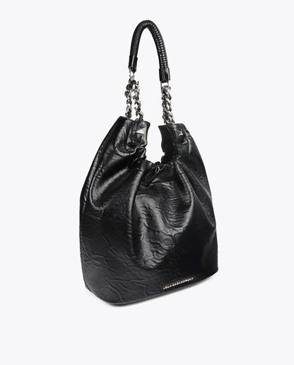 Crinkled Leather Effect Shopper Bag with Metallic Details and Studs