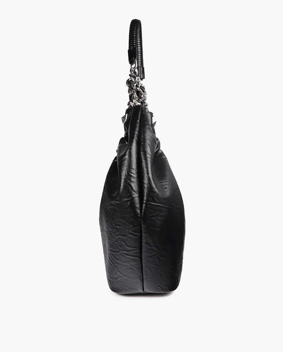 Crinkled Leather Effect Shopper Bag with Metallic Details and Studs