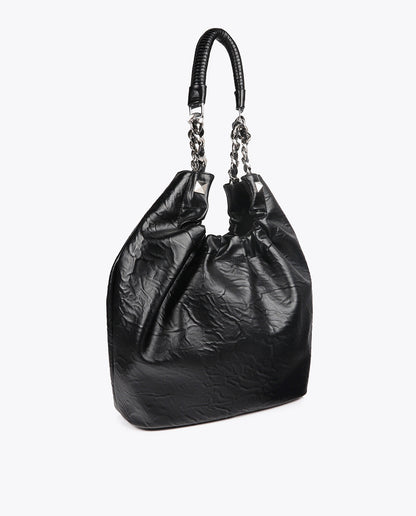 Crinkled Leather Effect Shopper Bag with Metallic Details and Studs