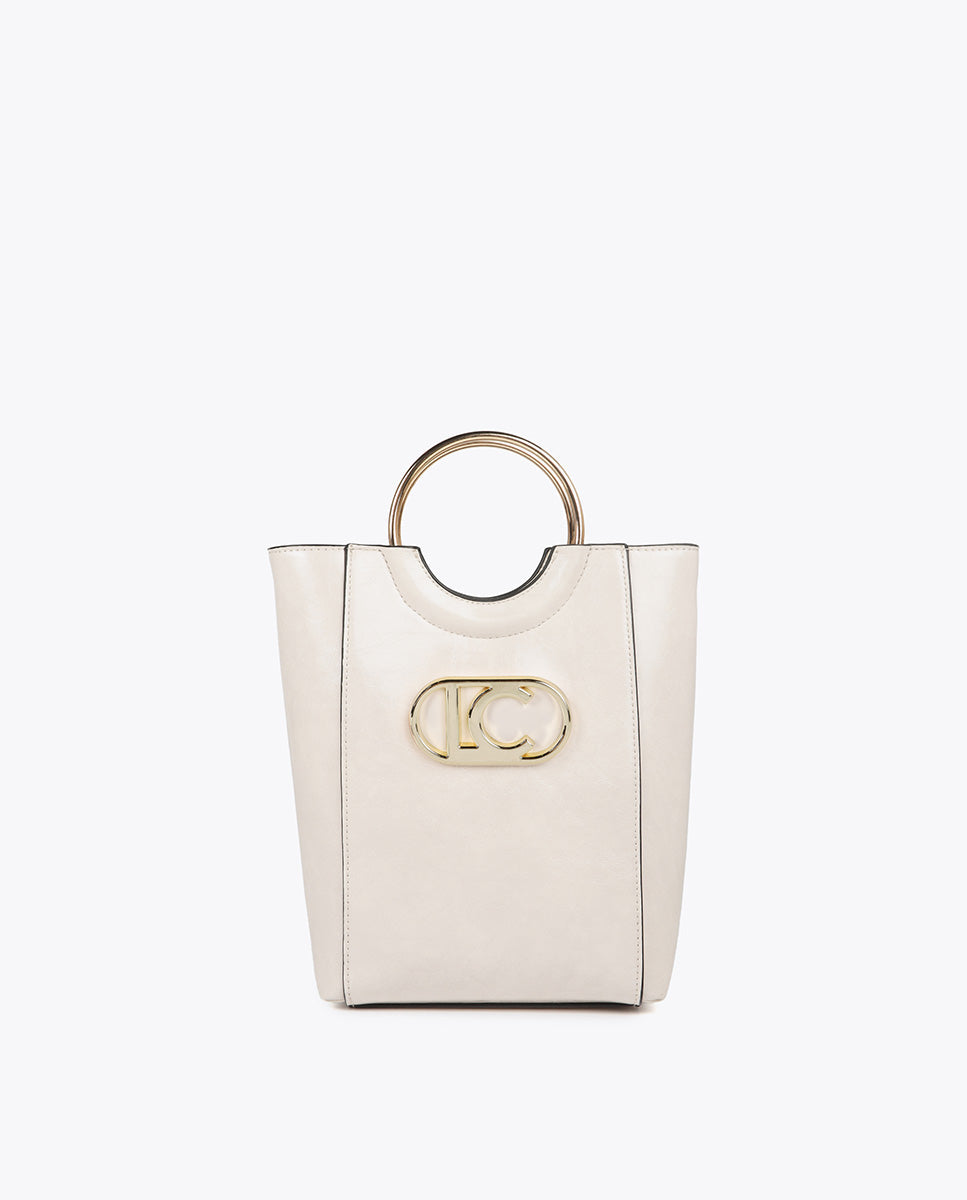 Mini shopper with round metal handle in faux leather and oval LC logo