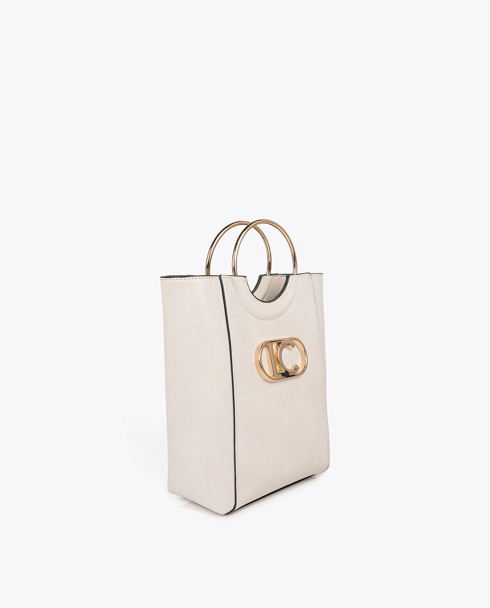 Mini shopper with round metal handle in faux leather and oval LC logo