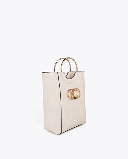 Mini shopper with round metal handle in faux leather and oval LC logo