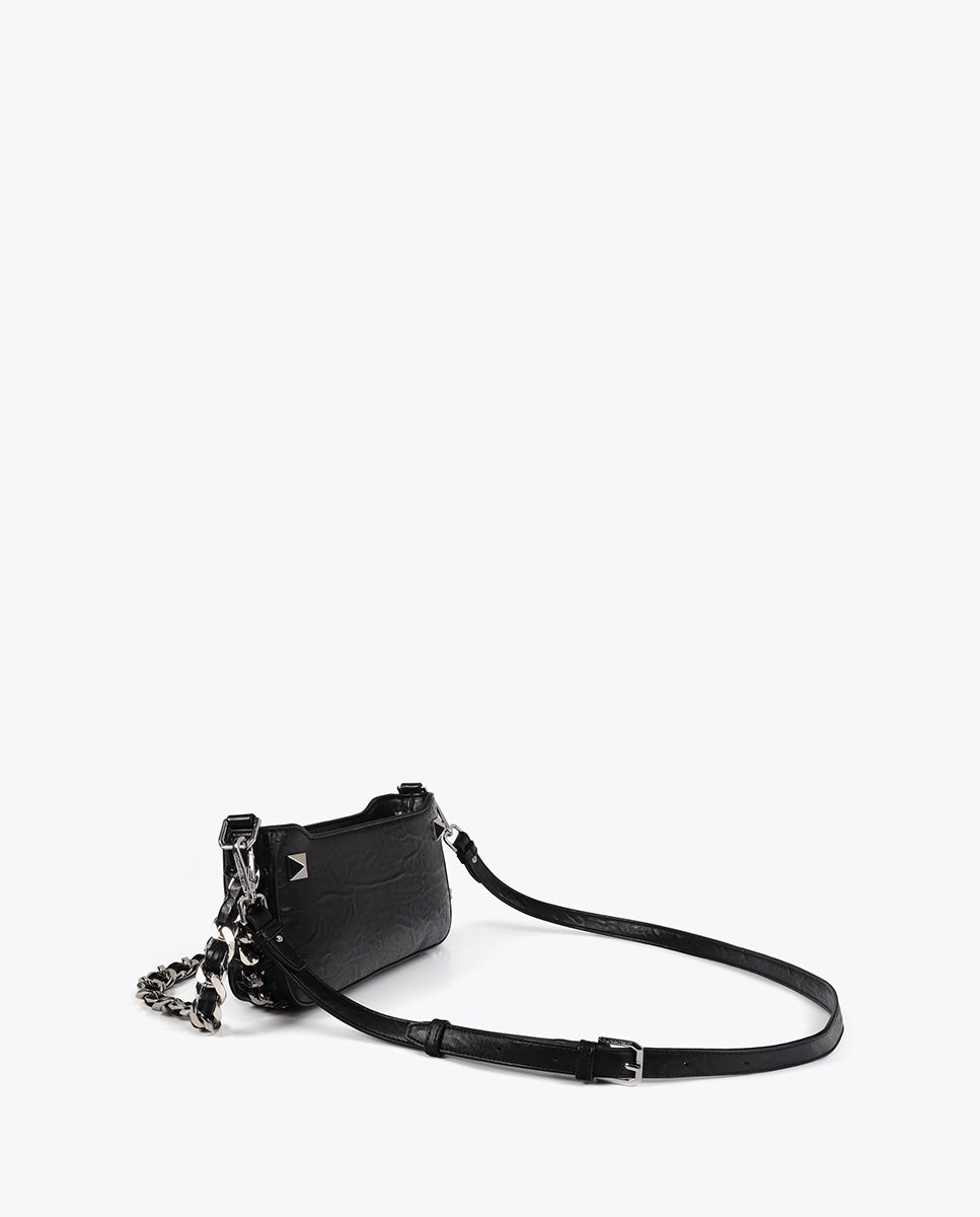 Wrinkled Faux Leather Bag with Metallic Details and Studs