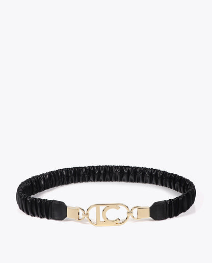 Elastic Faux Leather Belt with Oval Logo