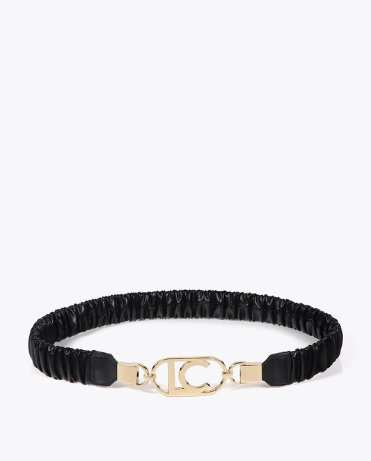 Elastic Faux Leather Belt with Oval Logo