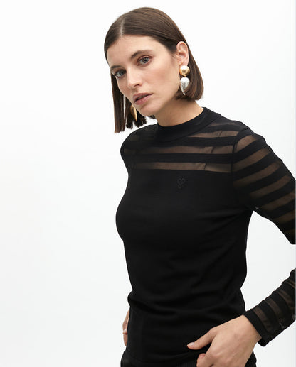 Fine Knit Sweater with Transparent Stripes