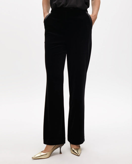 Straight Velvet Suit Pants with Faux Leather Details