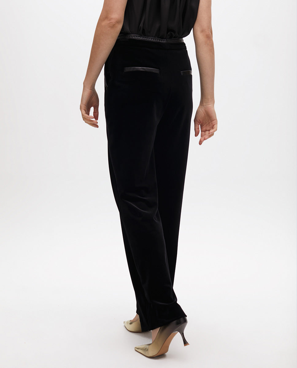 Straight Velvet Suit Pants with Faux Leather Details