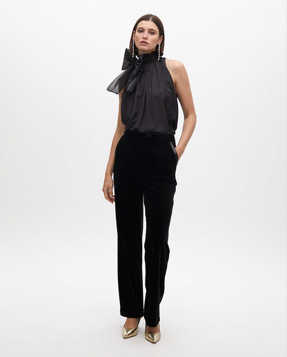 Straight Velvet Suit Pants with Faux Leather Details