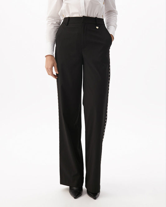 Pinstripe Straight Trousers with Side Stud Details