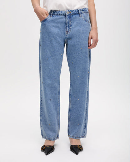 High Waist Straight Fit Jeans with Rhinestones