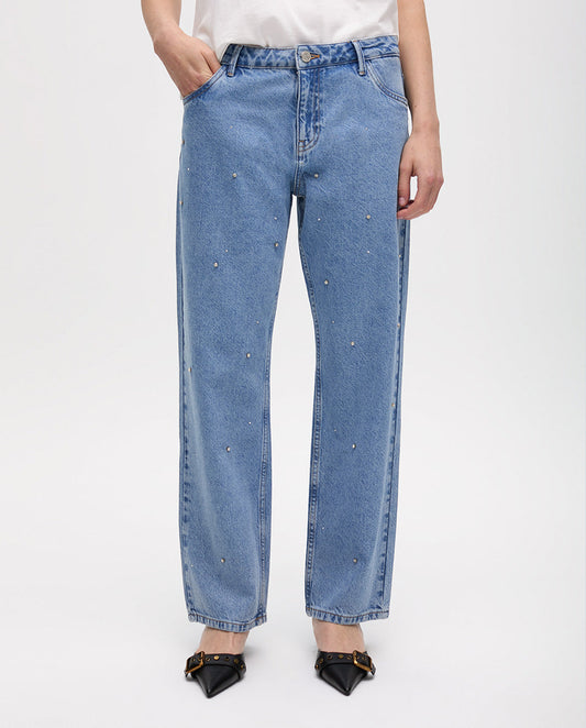 High Waist Straight Fit Jeans with Rhinestones