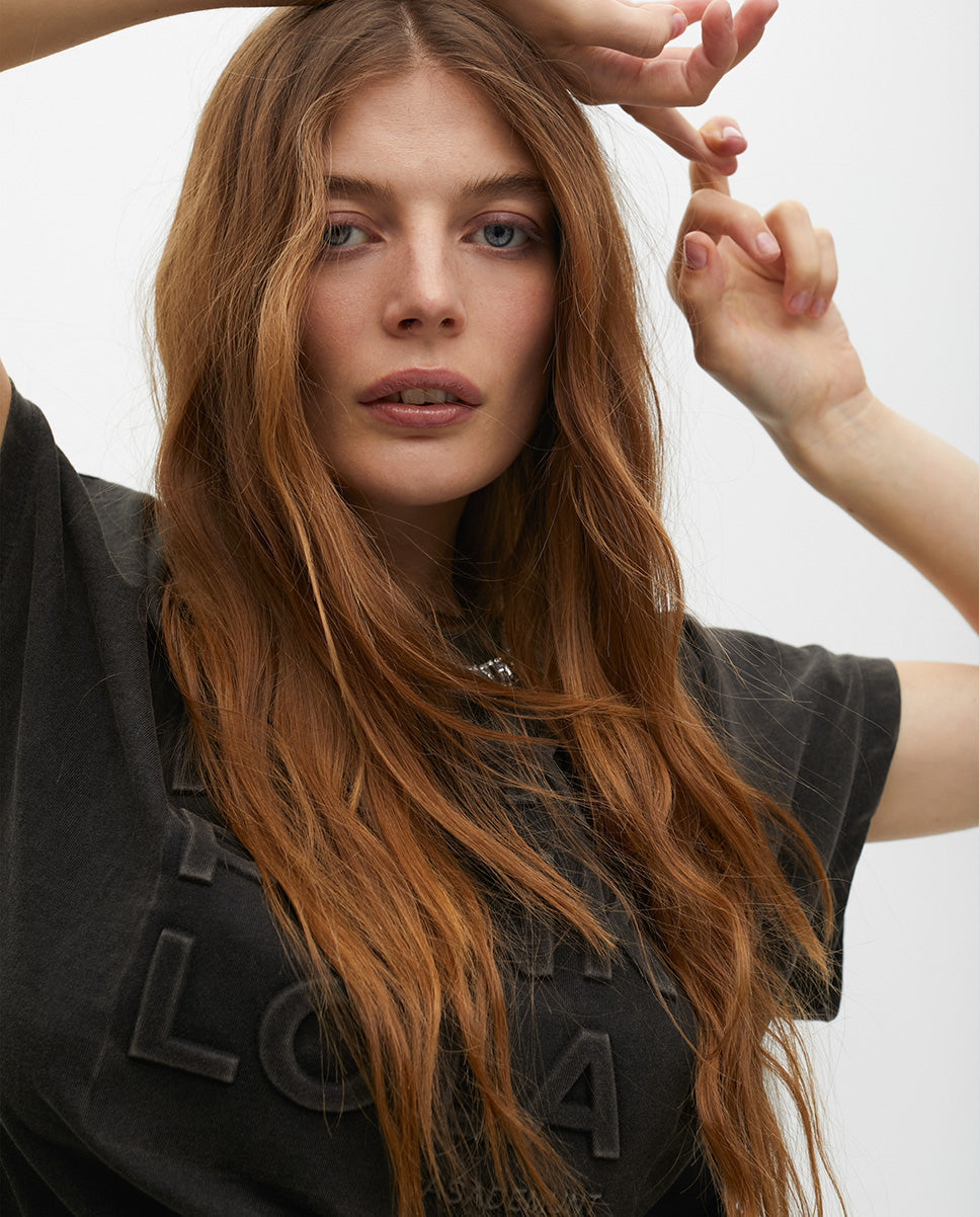 Short Sleeve T-Shirt Washed Fabric with Neck Jewel Detail
