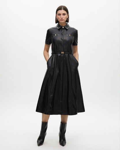 Faux Leather A-line Dress with Belt