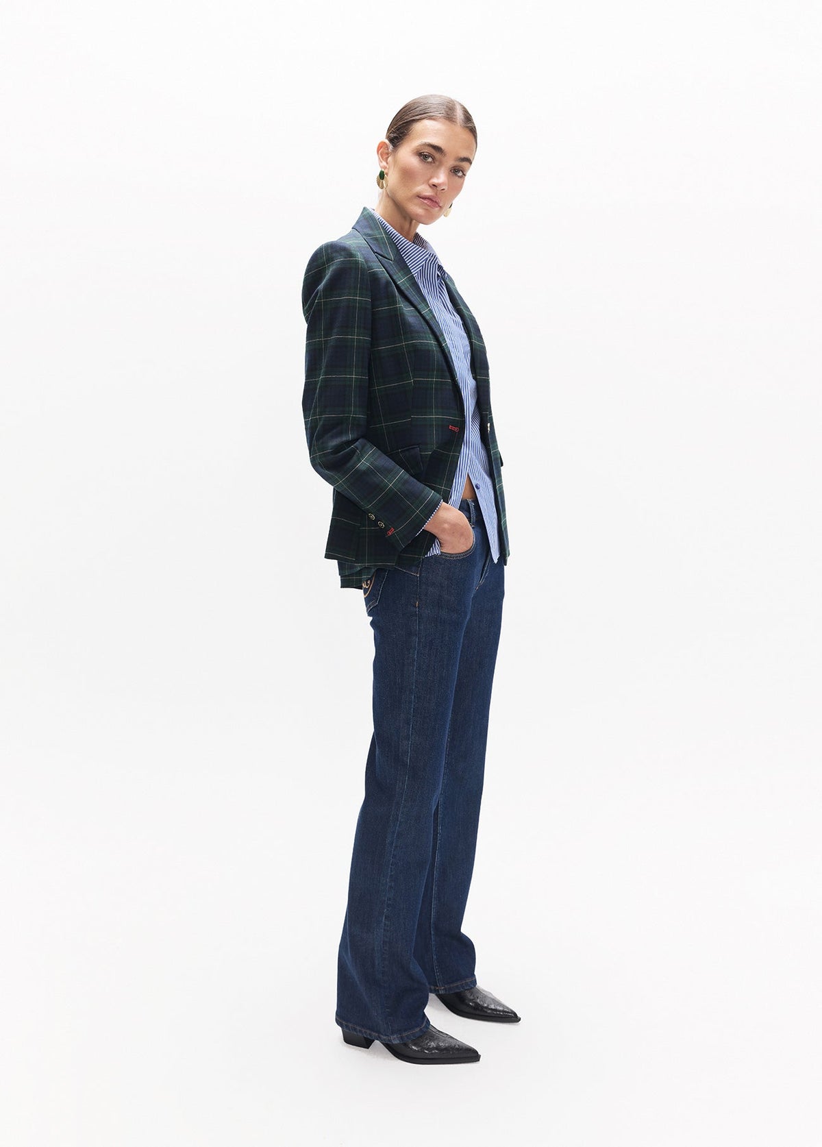 lf2602017-Plaid blazer with shield-Blue-Green