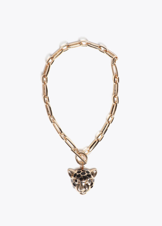 lf2603020-Necklace chain front closure leopard head pendant-Gold