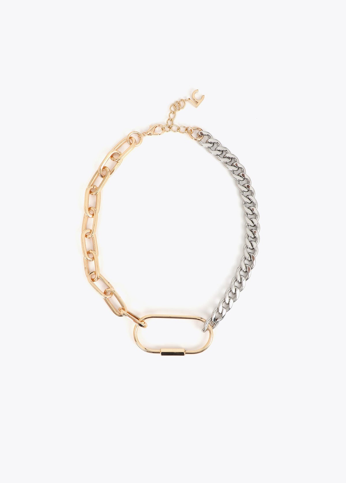 lf2603050-Two-tone chain necklace with front carabiner-Metal-Metal