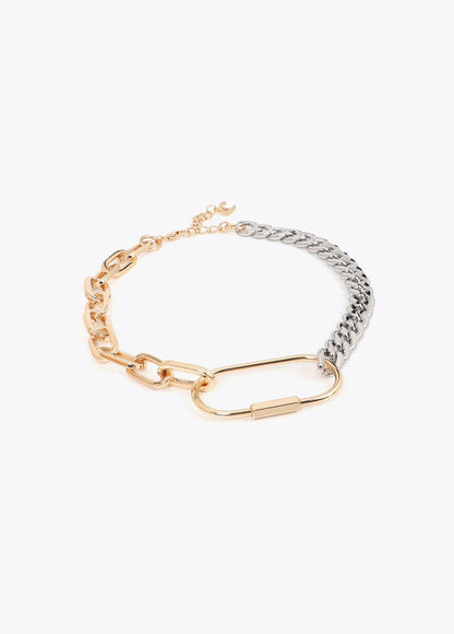 lf2603050-Two-tone chain necklace with front carabiner-Metal-Metal
