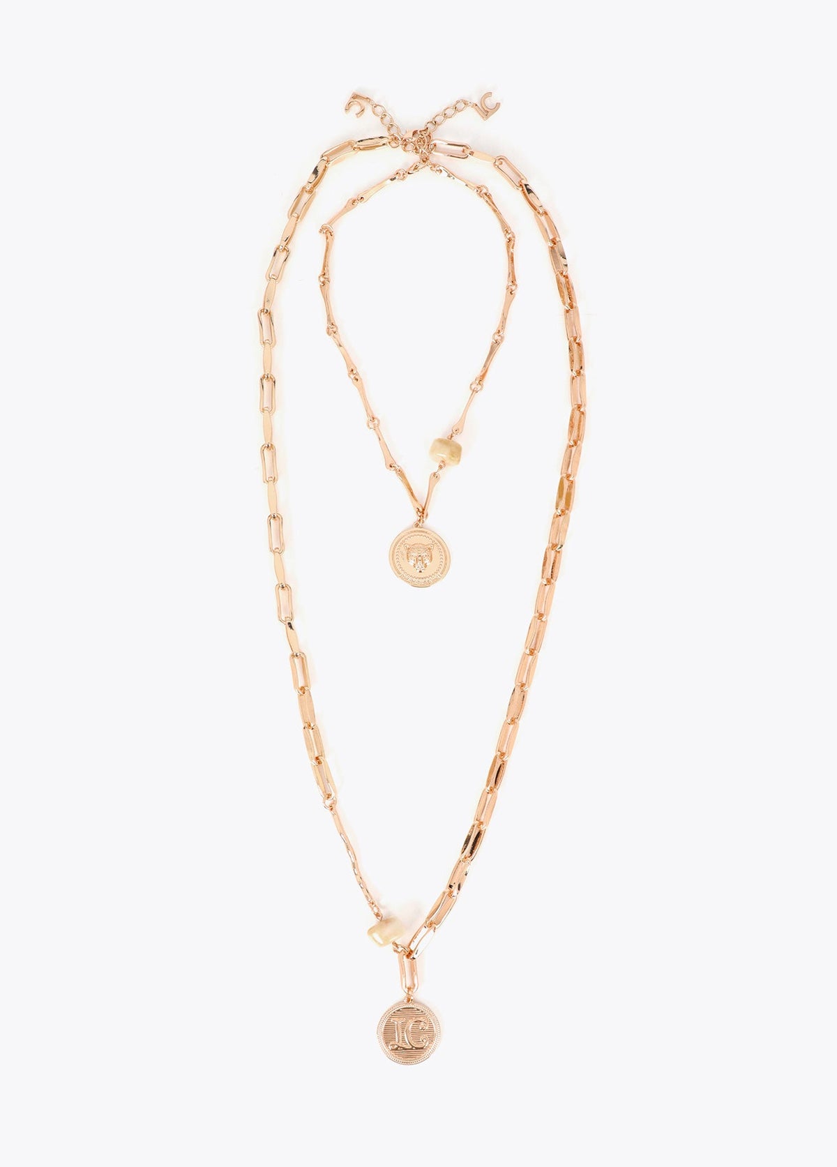 lf2603056-Long double coin necklace with marbled resin pieces-Metal-Ecru