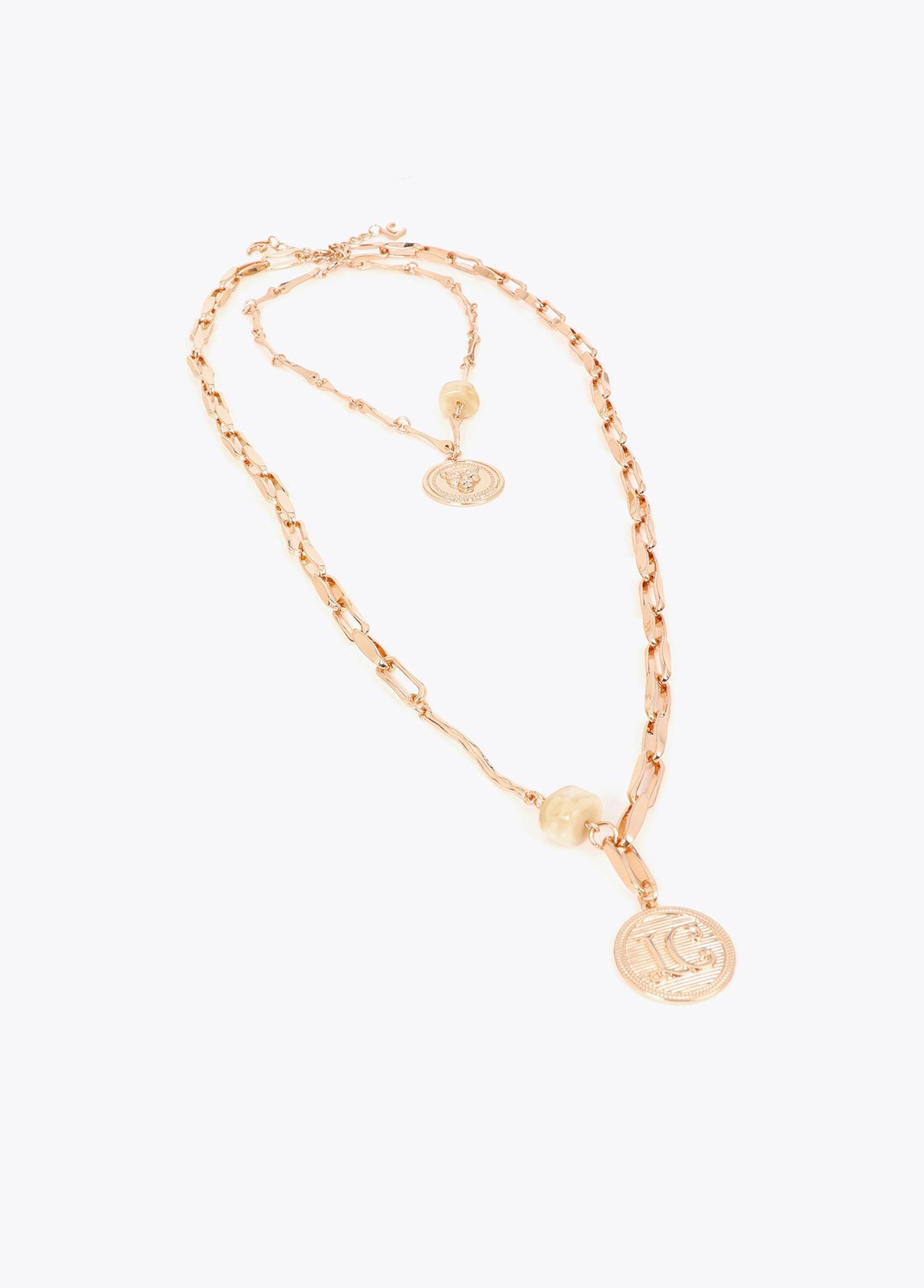 lf2603056-Long double coin necklace with marbled resin pieces-Metal-Ecru