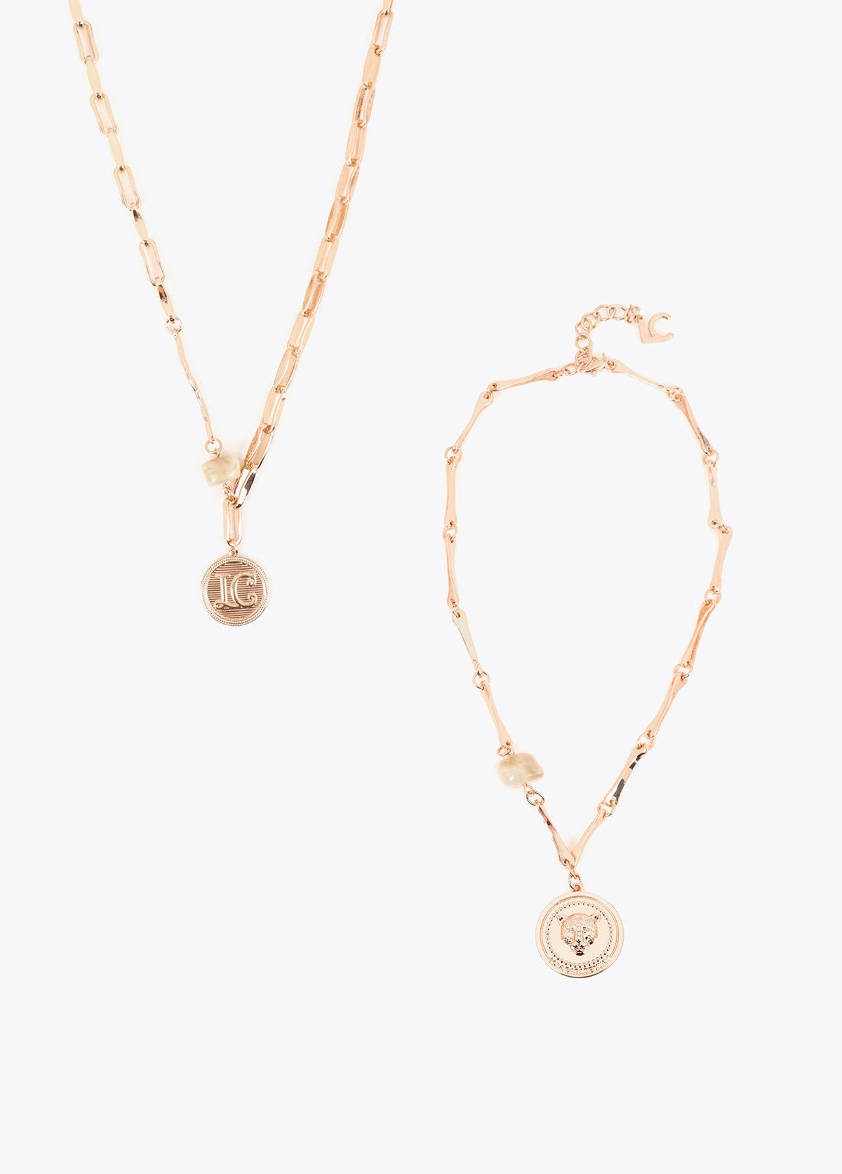 lf2603056-Long double coin necklace with marbled resin pieces-Metal-Ecru