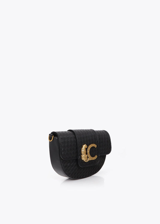lf2604018-Half moon crossbody bag braided material-Black