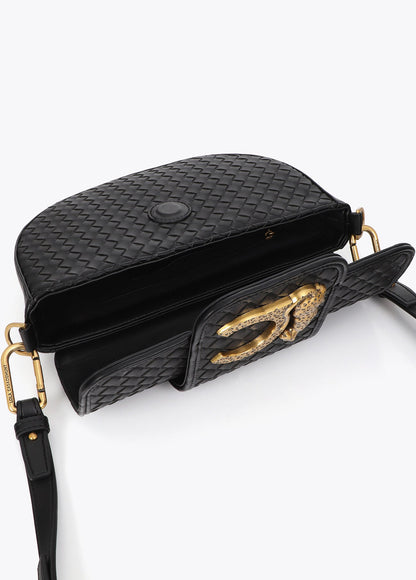 lf2604018-Half moon crossbody bag braided material-Black