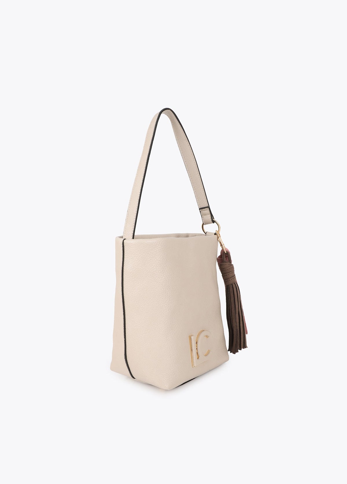 lf2604058-Faux leather shoulder bag with pompoms-Ecru