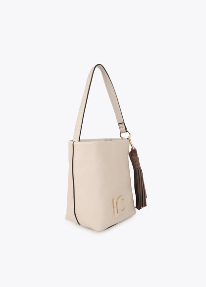 lf2604058-Faux leather shoulder bag with pompoms-Ecru