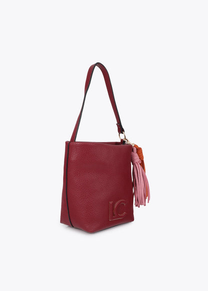lf2604058-Faux leather shoulder bag with pompoms-Bordeaux