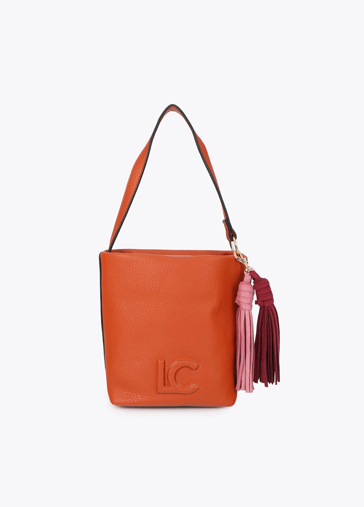 lf2604058-Faux leather shoulder bag with pompoms-Orange
