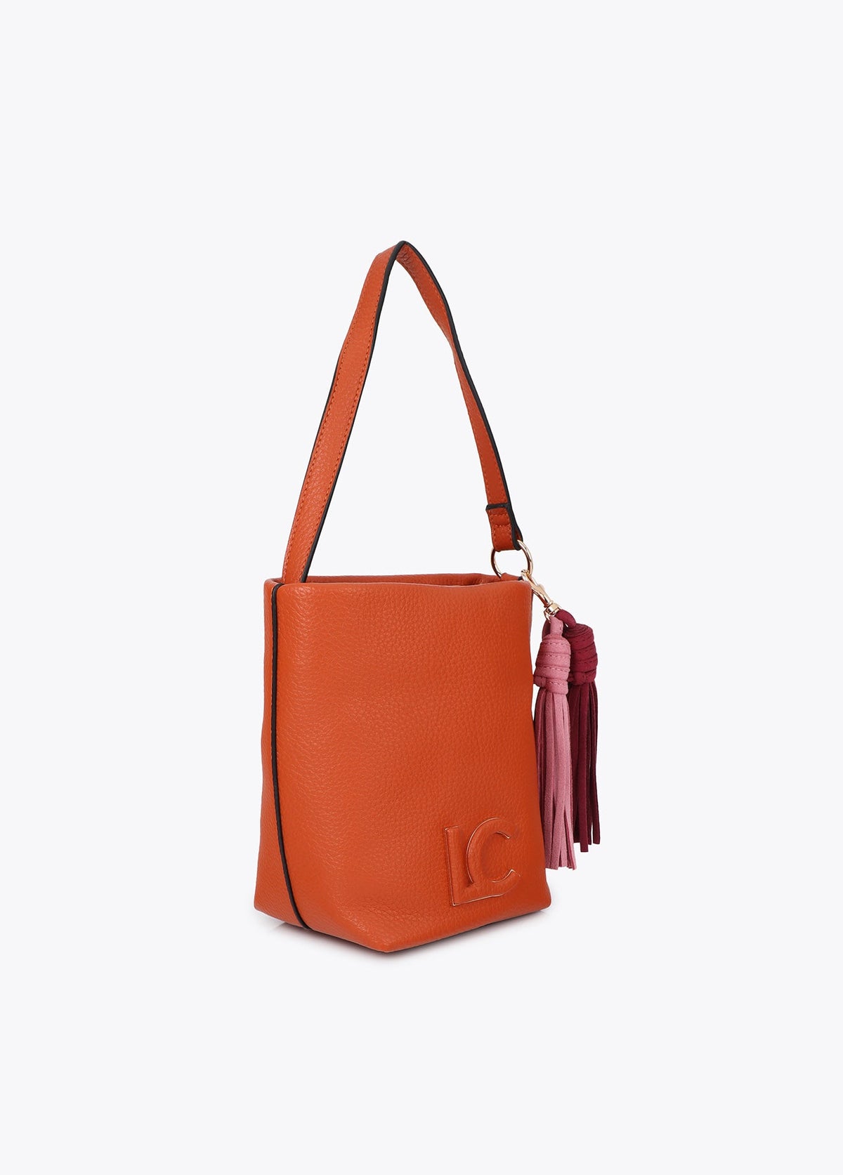lf2604058-Faux leather shoulder bag with pompoms-Orange