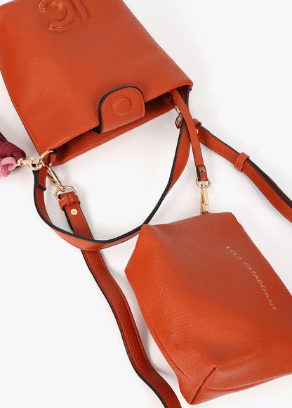 lf2604058-Faux leather shoulder bag with pompoms-Orange