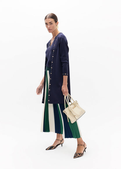 lf2608004-Tricolor pleated midi skirt-Green-Blue