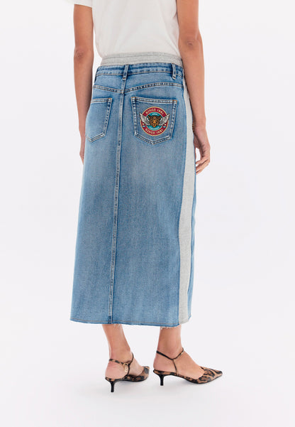 lf2608005-Denim and Jersey Combo Skirt with Patches-Gray Denim