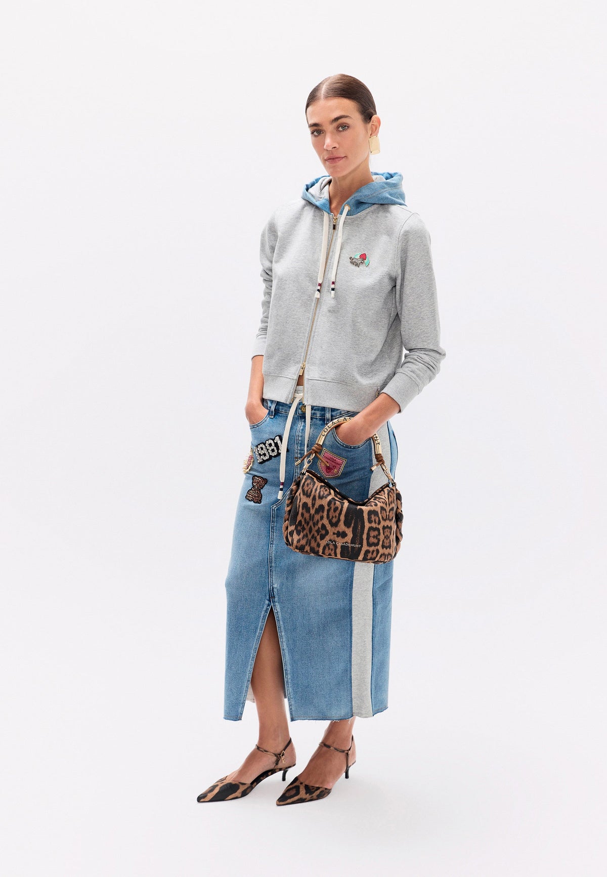 lf2608005-Denim and Jersey Combo Skirt with Patches-Gray Denim