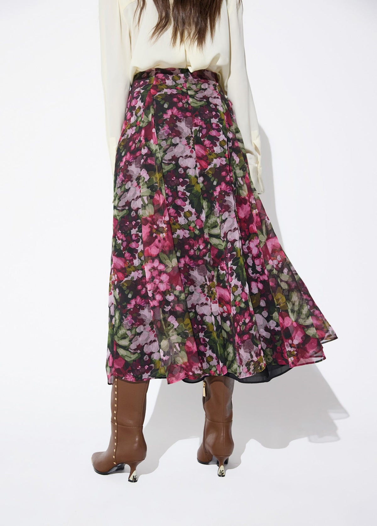 lf2608009-Midi skirt with floral print godets-Green-Green