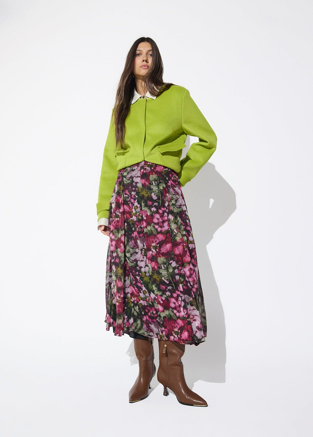 lf2608009-Midi skirt with floral print godets-Green-Green
