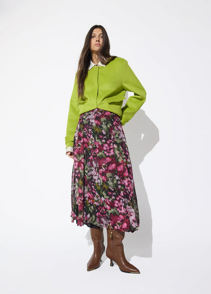 lf2608009-Midi skirt with floral print godets-Green-Green