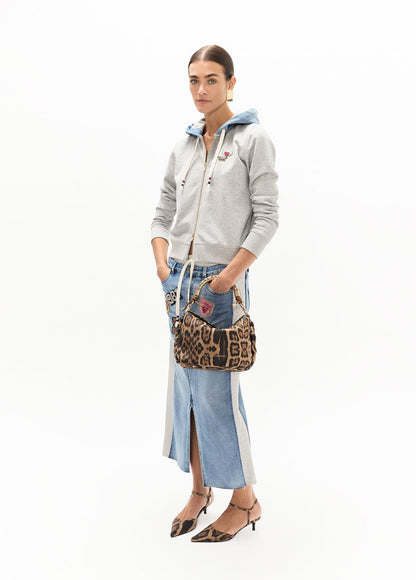 lf2611030-Short zip-up hoodie in denim, pins on the front-Light Grey