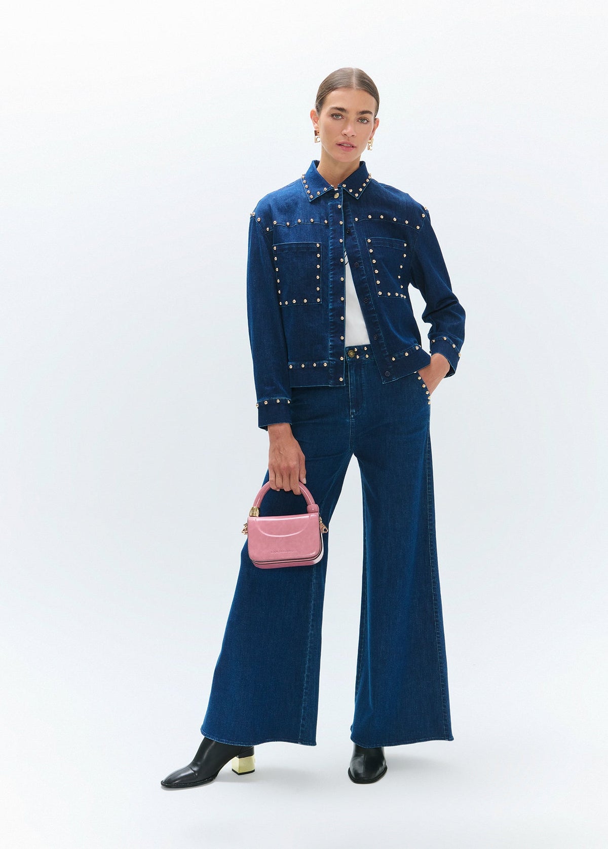 lf2614030-Flared denim with studs on waistband and front pockets-Blue-Denim