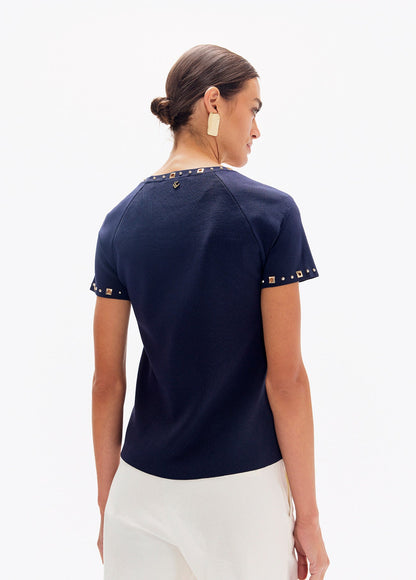 lf2615003-Round and square studded t-shirt-Navy