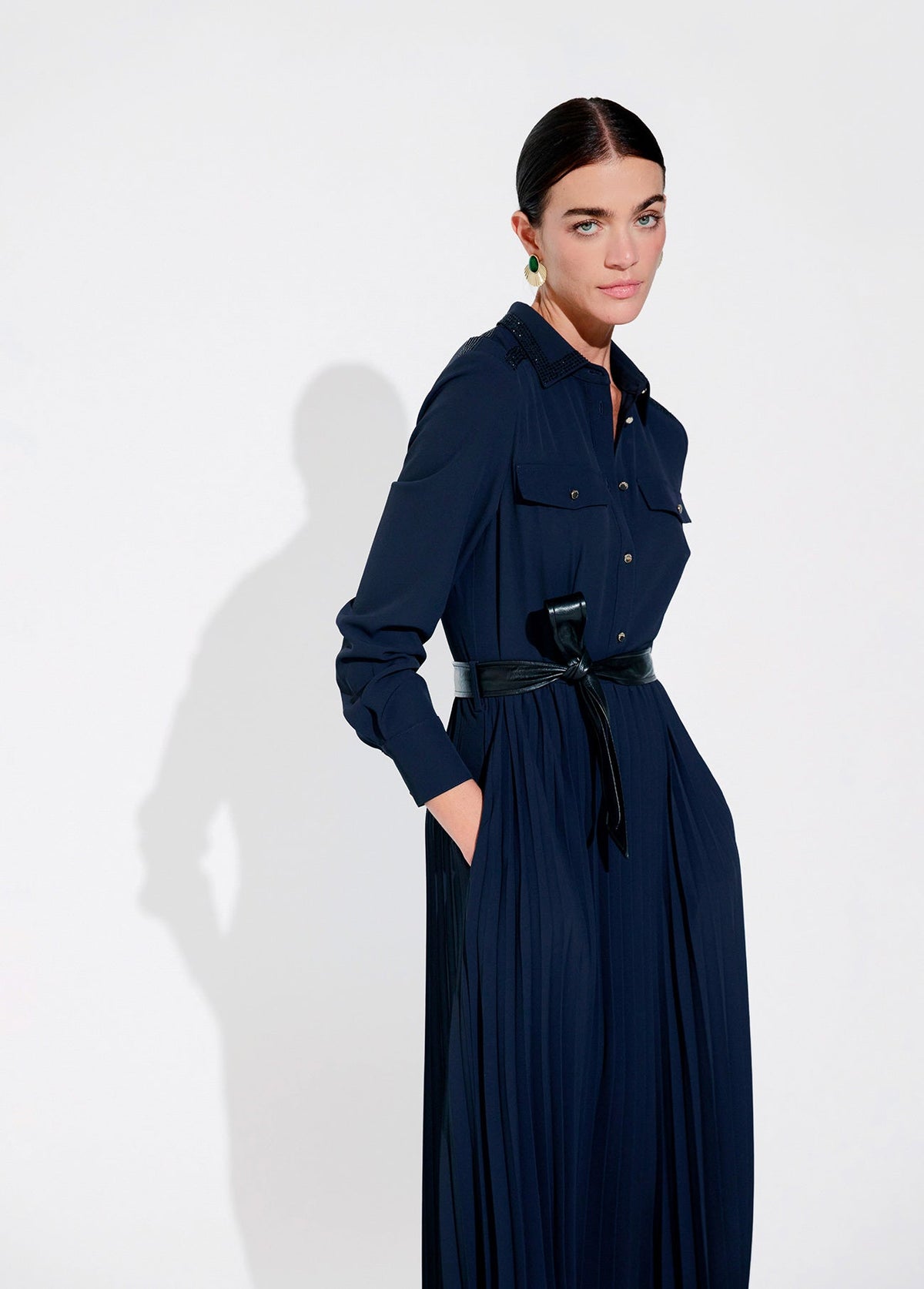lf2616023-Navy rhinestone midi shirt dress-Navy