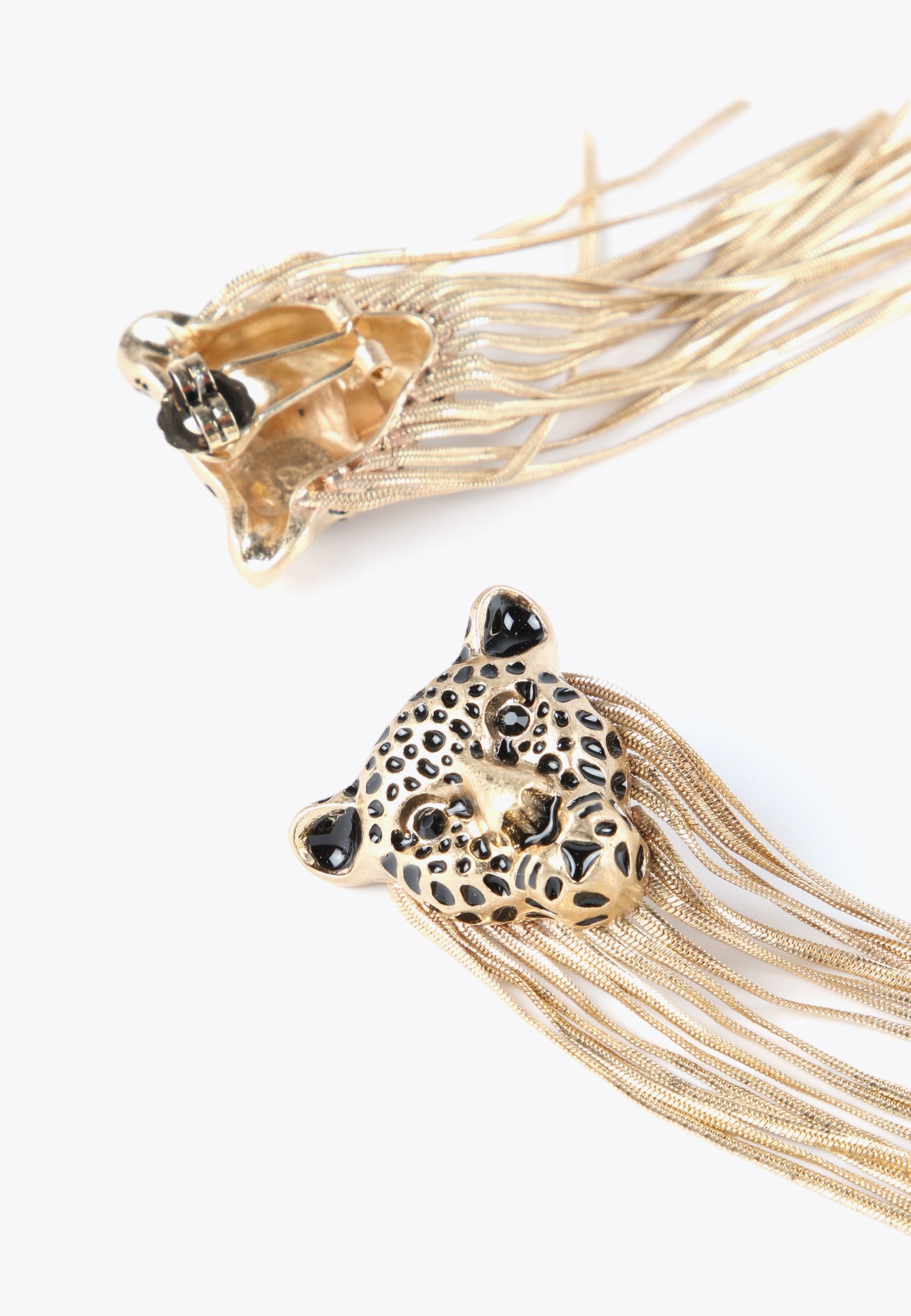 LS2403004-Gold-Leopard earrings with fringing