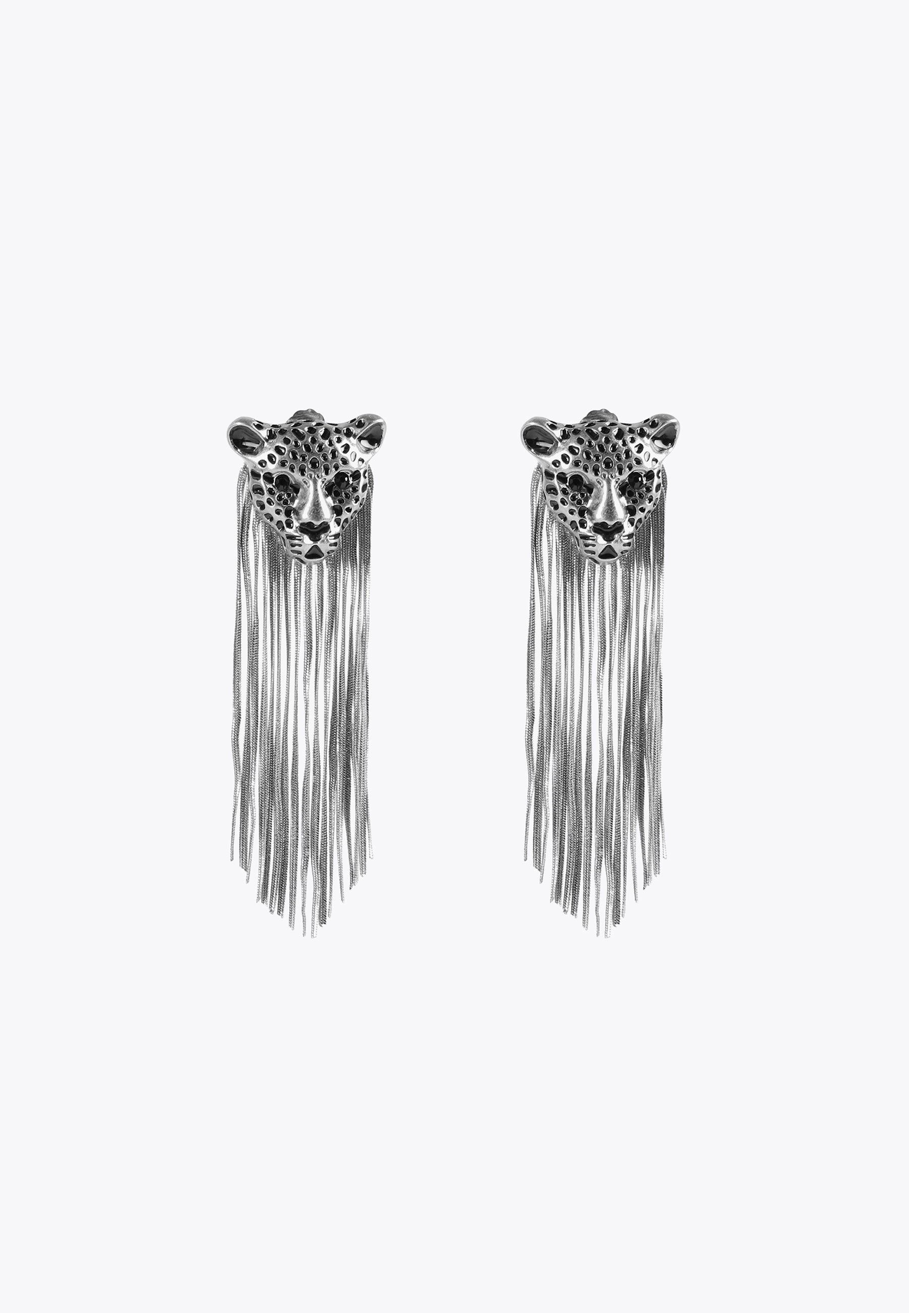 LS2403004-Silver-Leopard earrings with fringing